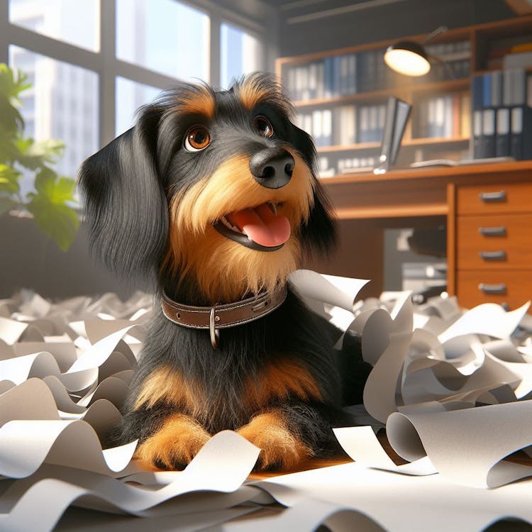 happy looking black and tan wire haired daschund surrounded by a few sheets of ripped paper in an office , disney pixar digital art
