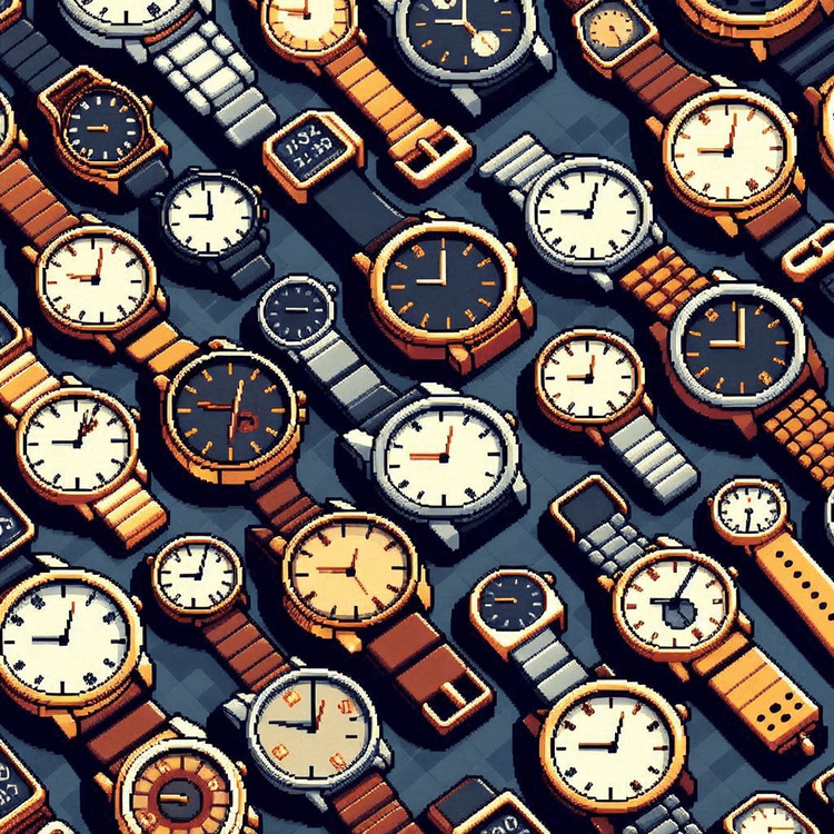 Selection of varying watches in the illustration style of pixel art